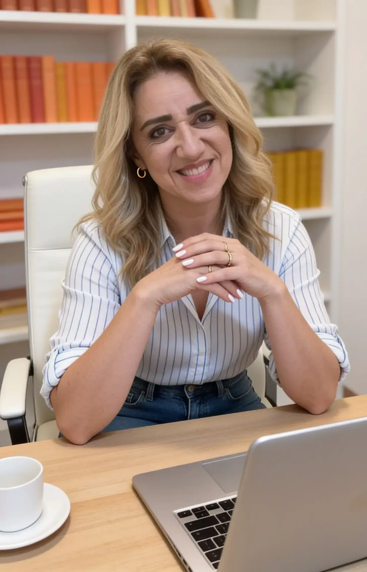 Retrato da psicóloga Letícia Alves em ambiente aconchegante